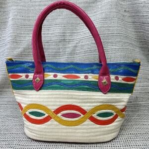 Vintage Rainbow 80s 90s Shoulder Bag Woven Straw‎ Maximalist Colorful Retro